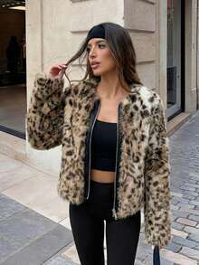 女士奢华豹纹仿皮草外套，优雅皮革饰边拉链毛绒大衣，时尚黑帮妻子美学嘉年华派对夜生活时尚蓬松毛绒外套 - 彩色 - 查看 3