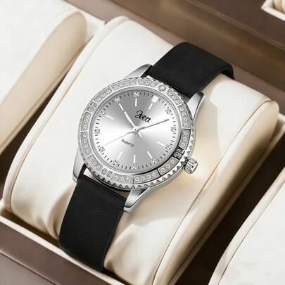 1件女士时尚简约优雅高端水钻圆形表盘石英表，适合节日、送礼、情人节、圣诞节、年末等场合。
