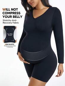 Maternity High Stretch Expandable Tummy Long Sleeve One Piece Shorts Comfortable Everyday - Black - View 3