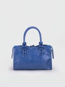 1 件蓝色拼接铆钉镶嵌金属拉链流苏装饰复古 PU 材质双提手可调节长肩带设计拉链闭合时尚复古甜美酷炫风格机车包 Y2K 朋克风方形包女士手提包休闲低调奢华风格女士斜挎包适合日常通勤、工作、购物等用途 - 藍色 - 查看 8