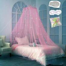 Hanging Round Dome Mosquito Net, Fine Mesh, With Glowing Star Decor & Adhesive Hook Accessories Set, Easy Installation, Princess Bed Canopy Dust & Insect Protection - Multicolor - View 13