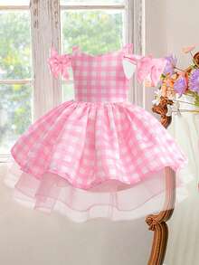Young Girl Satin Tulle Puff Skirt With Bow, Cute & Dress Suitable For Birthday Party, Excluding Headband - Pink - View 5