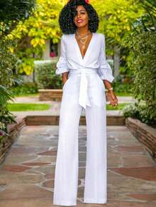 HERTALK Women's Two-Piece Suit, Ruffled Top, Wide-Leg Business Trousers Two Piece Set Women - 白色 - 查看 1