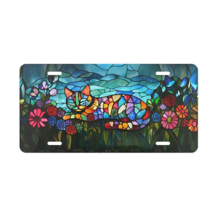 CPStained Glass Cat Vanity Plate: Colorful Aluminum Car Tag - 1 - 查看 1
