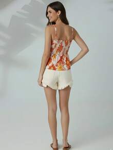 Meimi Amores Printed Tank Top With Tie Detail, Romantic Summer Beach Basic Blouse - Hồng - Xem 4