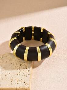 1pc Women's Fashion Minimalist Acrylic Colorblock Elastic Bangle Bracelet Suitable For Daily Wear - Dark Brown + Gold 1321 - View 4