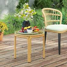 Outsunny Round Polyrattan Side Table With Glass Tabletop, Bedside Table, Garden Table, Garden Furniture, Coffee Table, Sofa Table For Living Room, Garden, Patio, Balcony, Ø50 Cm, Yellow - Brown - View 1