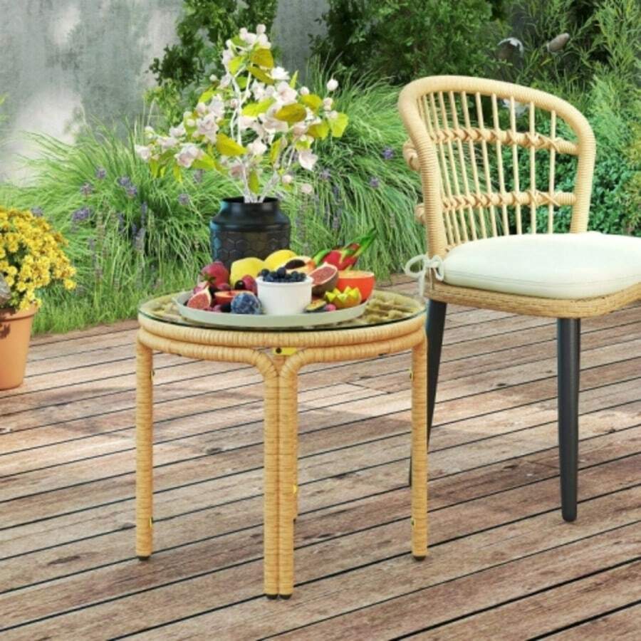 Outsunny Round Polyrattan Side Table With Glass Tabletop, Bedside Table, Garden Table, Garden Furniture, Coffee Table, Sofa Table For Living Room, Garden, Patio, Balcony, Ø50 Cm, Yellow - Brown - View 1
