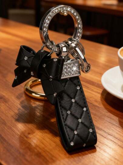 Bowknot Car Keychain With Rhinestones - Creative Car Acessesories Women​ Love, Quilted Leather Keyring For Women, Cute Couple Keychain & Gifts For Women, Sparkle Auto Decor For Daily Carry