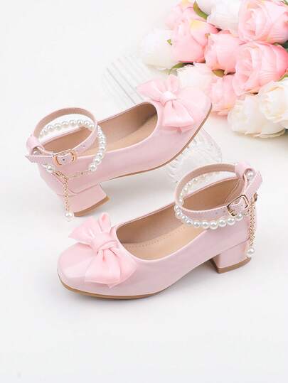 Girls' Fashion Pink Minimalist Bow Pearl Decor Chunky Heel Dress Shoes, Suitable For Formal Occasions, Parties, Weddings, Performances, Ballet, Princess Style, Comfortable Classic Versatile Shoes For Toddler, Little & Big Girls