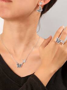 1 Set Elegante, Suave y Soñador Conjunto de Joyería con Colgante, Anillo y Aretes con Cristales en Forma de Mariposa para Mujeres - Multicolor1 - Ver 2
