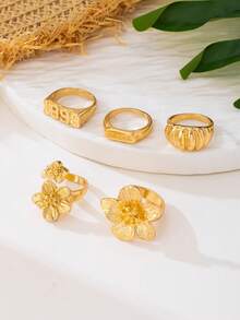 5pcs Women's Stackable Rings Set With Floral, Numeric, Geometric Metal Textured Designs - Yellow Gold - View 2