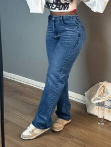 Women Casual Straight-Leg Jeans, Fashion Simple Style, Button, Zipper, Solid Color Denim Pants,Suitable For All Occasions - Dark Wash - View 4