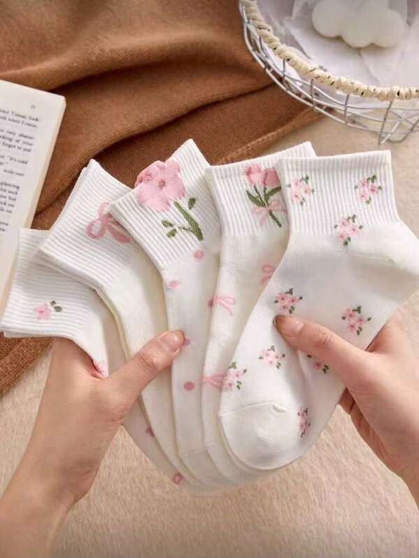 5 pares de calcetines cortos para mujer con diseño de lazo y floral, estilo universitario de moda, cómodos y transpirables, versátiles para uso diario, deportes, uso casual, adecuados para primavera, verano y otoño