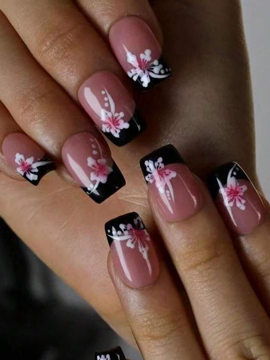 Bộ 24 miếng dán móng tay vuông màu đen kiểu Pháp, móng giả hoa hồng, chất liệu acrylic, độ dài trung bình, kèm 1 lọ sơn gel và 1 dũa móng. Nghệ thuật vẽ móng hoa giúp đầu ngón tay bạn thêm rạng rỡ, phù hợp cho các bữa tiệc, khiêu vũ và sử dụng hàng ngày. - Nhiều màu - Xem 1