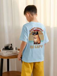 Tween Boys Students Casual Printed Round Neck Short Sleeve T-Shirt, Summer Top - Baby Blue - View 2