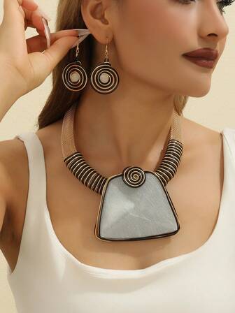 Colgante de resina multicapa exagerado, collar y aretes hechos a mano con alambre de aluminio trenzado y cuentas, estilo bohemio vintage elegante para fiesta, boda y vacaciones