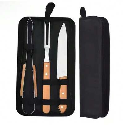 Kit churrasco 3 peças aço inox com estojo    Descrição do produto:     Kit acompanha estojo para armazenar e transportar suas peças.    Kit composto de: 1 faca, 1 garfo e 1 pegador.    Peso aproximado: 443 g.