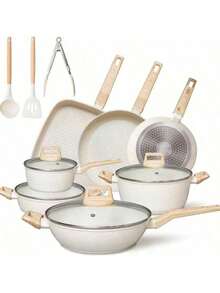 不粘锅具套装，花岗岩不粘烹饪表面，花岗岩铝制不粘锅具套装，煎锅，炒锅，汤锅不粘锅具套装，小麦色花岗岩铝制不粘锅具套装，白色花岗岩不粘锅具套装，煎锅，带盖炒锅，砂锅，炖锅，蒸锅，电磁炉套装