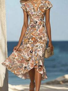 Plus Size Women's Bohemian Style Holiday Dress, Elegant Paisley Print Sleeveless V-Neck Ruffle Trim Short Sleeve Maxi Dress, Beach Outfit - Multicolor - View 2
