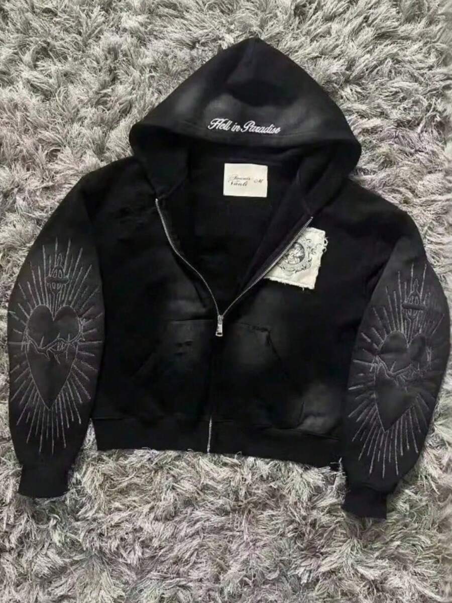 High Street Dark Style 3D Digital Print Hooded Sweater With A Casual And Sophisticated Look, A Loose And Hip Casual Jacket Top - màu đen - Xem 1