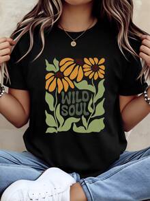 Flores amarillas y texto Wild Soul Camiseta negra para mujer Verano casual estilo bohemio Mujer 220g - Negro - Ver 1