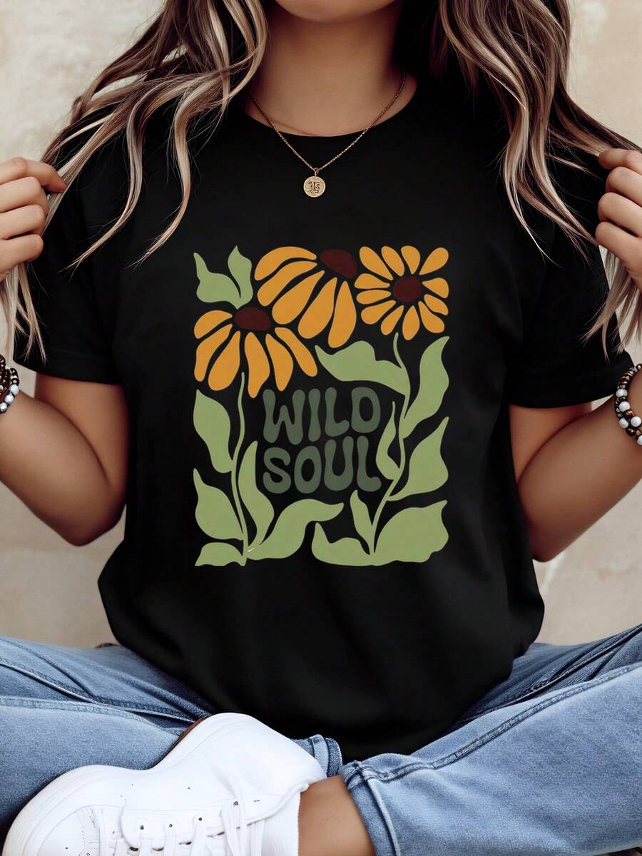Flores amarillas y texto Wild Soul Camiseta negra para mujer Verano casual estilo bohemio Mujer 220g - Negro - Ver 1