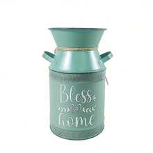 Vintage Mint Green Metal Decorated Milk Can Vase, Retro Iron Rope Tie, "Bless Our Home" Blessing Slogan, Distressed Texture With Soothing Healing Ambiance. Can Be Used As A Flower Vase For Dried Flowers Or A Storage Jar, Suitable For Light Vintage, Cozy Home Decor, Entryway, Creates A Ceremonial Atmosphere. - Four Seasons Double-eared Teapot 8 - View 5