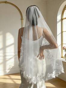 1pc 1 Meter Long Lace Applique Bridal Veil, Single Layer, With Metal Hair Comb, Elegant Minimalist, Suitable For Women's Wedding Dress Accessory Valentine's Day Accessories - 白色 - 查看 5