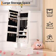 Joyero infantil con espejo LED de cuerpo entero, tocador de princesa independiente con cajones y organizador de joyas, armario de madera con luces para niñas, ideal para cumpleaños. - Blanco - Ver 2