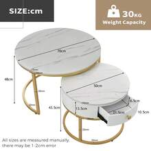 Set Of 2 Round Nesting Tables With Drawer, Gold Metal Frame And Marble Pattern Top, Side Tables For Living Room Or Bedroom - White + MDF - View 4