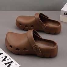 男士休闲拖鞋，情侣镂空厚底慵懒穆勒鞋，沙滩凉鞋，透气男士拖鞋，秋冬款 - 咖啡棕 - 查看 2