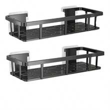 2 piezas/1 pieza Estantería de pared negra con 2 ganchos - Plástico resistente sin taladro, instalación con adhesivo/tornillo, estantería de almacenamiento para baño y cocina que ahorra espacio, sistema de estantería de almacenamiento para ducha, estantería de múltiples compartimentos para artículos de tocador, cosméticos, esenciales - Multicolor - Ver 9