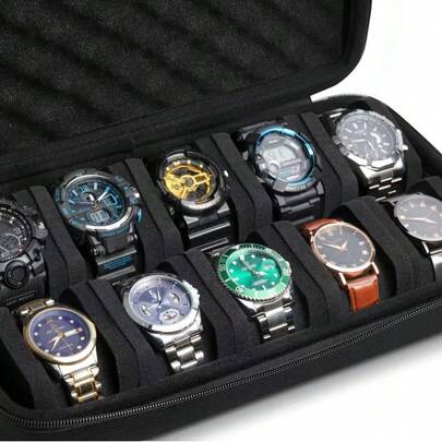 10格防震防摔手表盒，便携式卷帘拉链盒，硬壳设计，适用于商务旅行、礼品包装和房间装饰