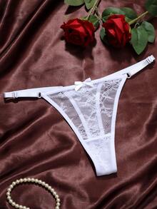Adjustable Floral Lace Jacquard Bowknot Thong Panties For Women, Sexy Alluring Sheer Breathable Skin-Friendly Intimate Underwear - White - View 10