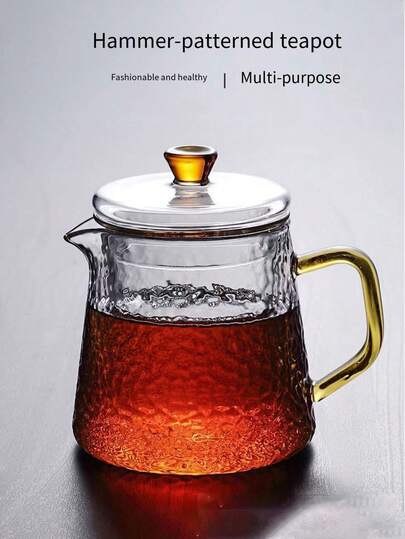 1 st. mönstrad tekanna i förtjockt glas, Kung Fu-tekanna, hamrad design, värmebeständig, lämplig för kontoret, kan hälla te och koka vatten, bekväm att bära, lämplig för hemmet, hotell, camping och resor, en mycket praktisk produkt