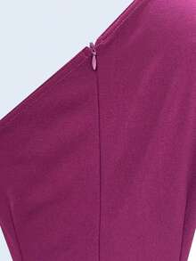Corsage Decor Asymmetric Neck Fitted Long Cocktail Dress - Hot Pink - View 6