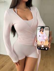 AITYI Studio 女士三件套，吊带瑜伽开衫和高腰瑜伽短裤，健身舞蹈瑜伽服，休闲户外晚间约会装，修身性感时尚，柔软弹力面料，年轻优雅，适合新年、圣诞节、返校季等场合。 - 粉色 - 查看 5