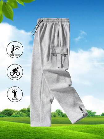 1pc Men's Thermal Lined Casual Sports Outdoor Pants, Adjustable Ankle Multi-Pocket Cargo Trousers