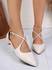 Women's Khaki High Heel Shoes, Fashion High Heel Pumps With Pointed Toe, Metal Buckle Strap, Slim Heel, Elegant Criss-Cross Strap Low Heel Sandals - White - View 1