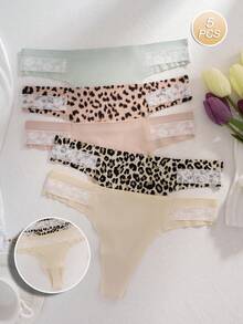 5pcs/Set Comfortable Skin-Friendly Lace Trim Sexy & Sweet Leopard Print Seamless Thong Panties For Women - Multicolor - View 2