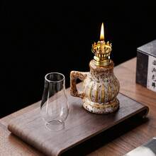 1pc Vintage Decorative Oil Lamp, Ceramic Base, Handle Design, Outdoor Oil Lamp, Suitable For Home Decor, Outdoor Lighting, Holiday Gift