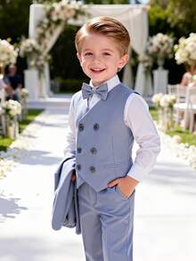 4pcs Boys Formal Suit Set, Light Blue Vest, Pants And Tie - Baby Blue - View 3