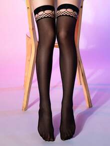 1 par de medias altas transparentes y sensuales con diseño de empalme, sin costuras, calcetines de red calados transparentes, delgados y seductores, con diseño desmontable para el juego previo - Multicolor - Ver 11