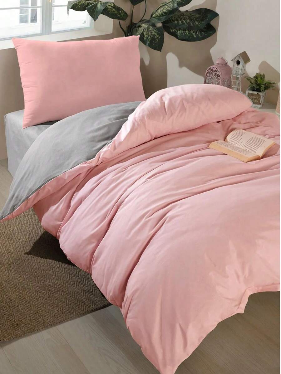 Made In Turkey-2-Piece Set With Geometric Pattern, 65% Cotton 35% Polyester, Suitable For All Seasons, Duvet Cover With Button Closure. 1 Duvet Cover (140x200cm) And 1 Pillowcase (50x70cm). Highly Breathable, Soft And Lightweight. Pillowcase Pattern Is Randomly Generated. -Artus Gri - Baby Pink - View 1