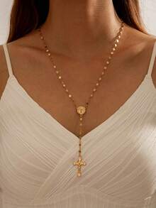 1pc Minimalist Y-Shaped Vintage Cross Pendant Necklace With Tassel, Versatile Fashion Jewelry Gift For Women, Suitable For Daily Wear, Parties And Dates - Multicolor - View 12