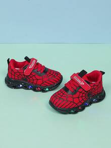 时尚蜘蛛 LED 照明透气网眼运动鞋，适合男孩和女孩 - 休闲、减震、四季防滑户外跑步和步行运动鞋 - 紅色 - 查看 2