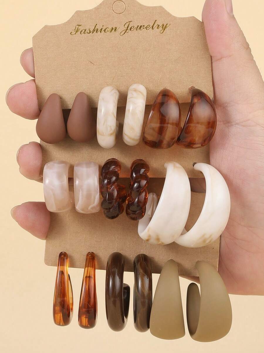 3pairs/9pairs Classic Elegant Style Warm Color Geometric C-Shape Acrylic Earrings With Irregular Surface Texture,Perfect For Daily Wear And Gifts, Everyday Earrings | Bohemian Style | Durable Earrings - Multicolor - View 1