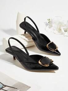 女士黑色漆皮尖头小猫跟浅口鞋，优雅正式晚宴鞋，带踝带 - 黑色 - 查看 1