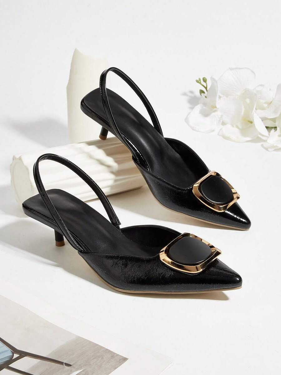 女士黑色漆皮尖头小猫跟浅口鞋，优雅正式晚宴鞋，带踝带 - 黑色 - 查看 1